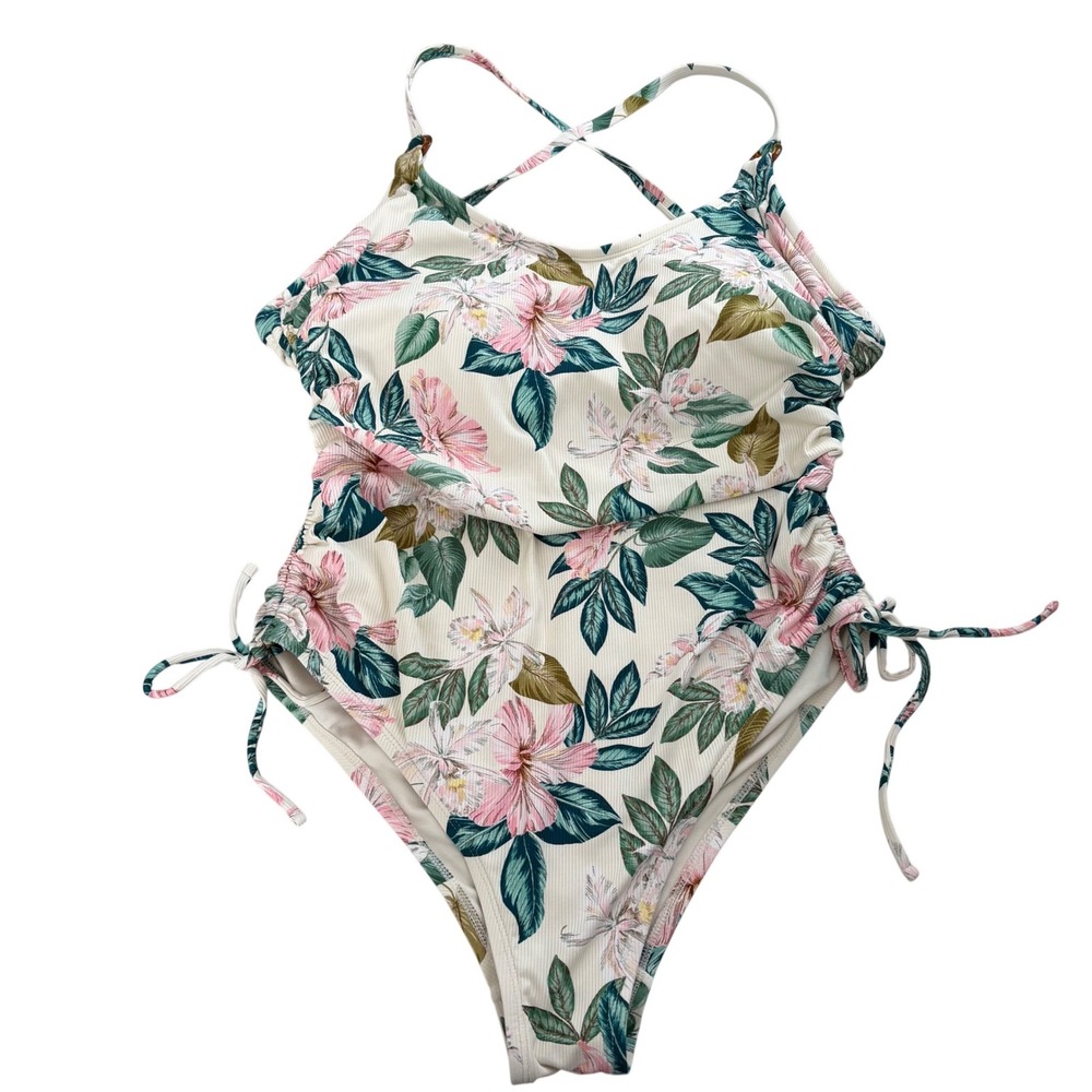 Palisades Beach Club Floral One Piece Swimsuit Ribbed Ruched Pink‎ Green Large